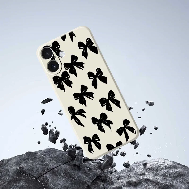 For iPhone 17 Case Black Bow Pattern Printing Straight Edge TPU Phone Back Cover - Beige