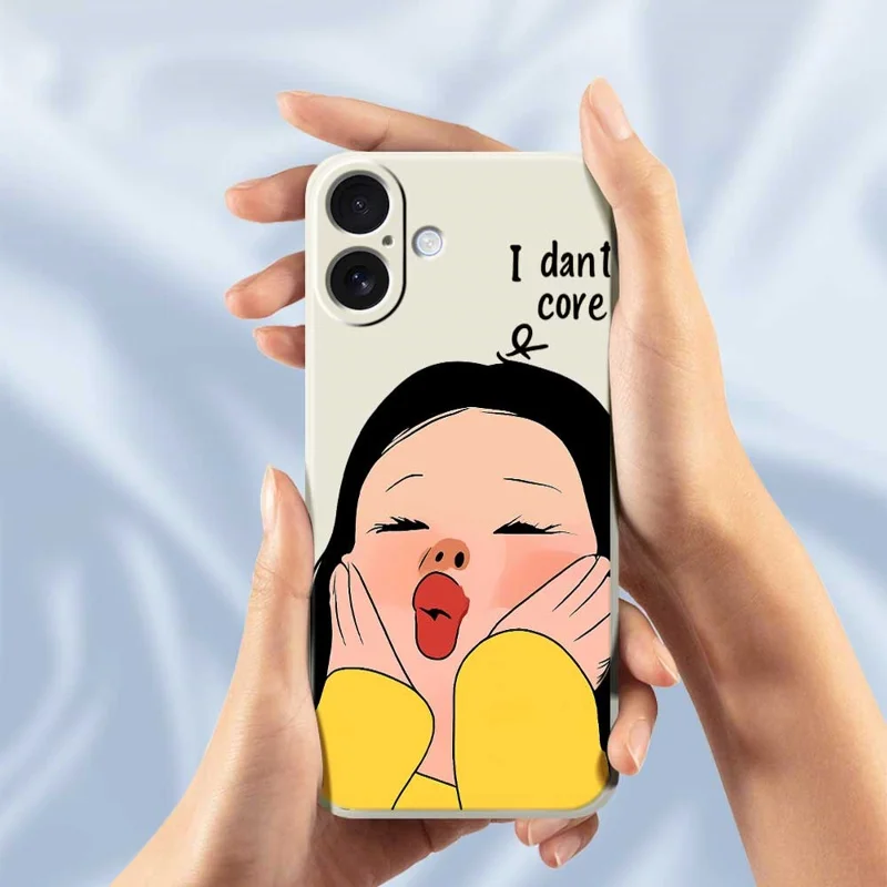 For iPhone 17 Case Girl Holding Face Pattern Printing Straight Edge TPU Phone Back Cover - Beige