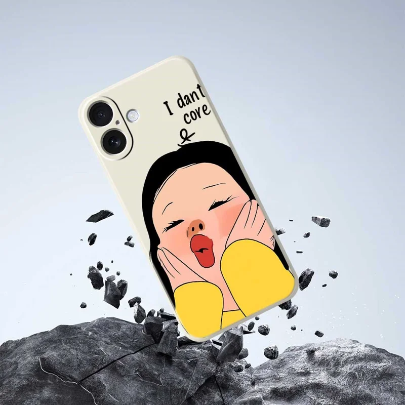 For iPhone 17 Case Girl Holding Face Pattern Printing Straight Edge TPU Phone Back Cover - Beige