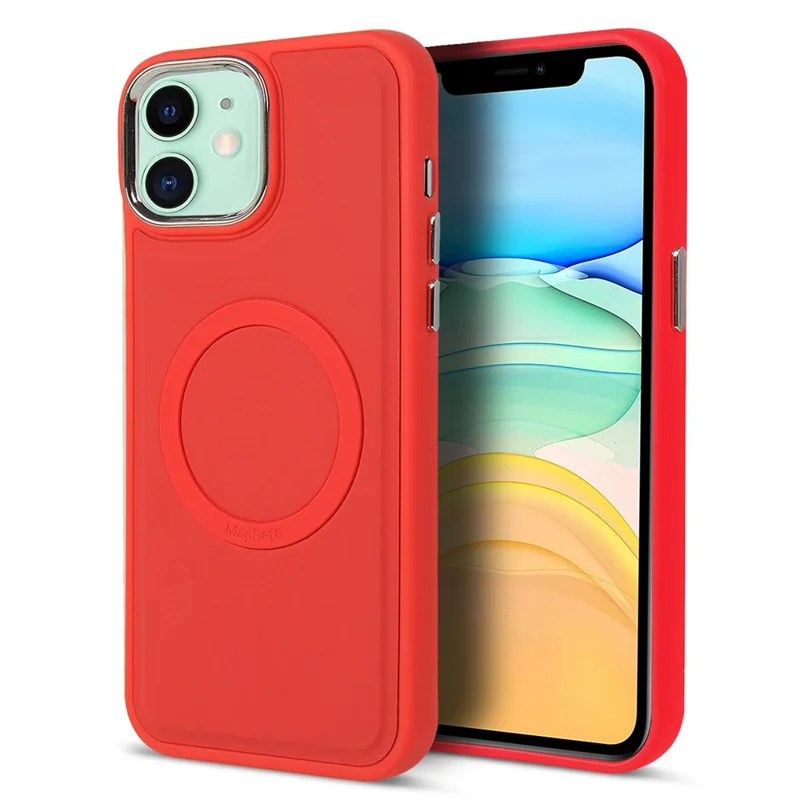TPU + PU Leather Phone Case For iPhone 11 6.1 inch, Electroplating Skin-touch Liquid Silicone Texture Back Cover Compatible with MagSafe - Red