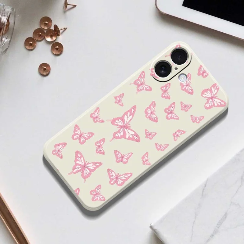 For iPhone 17 Case Pink Butterflies Pattern Printing Straight Edge TPU Phone Back Cover - Beige