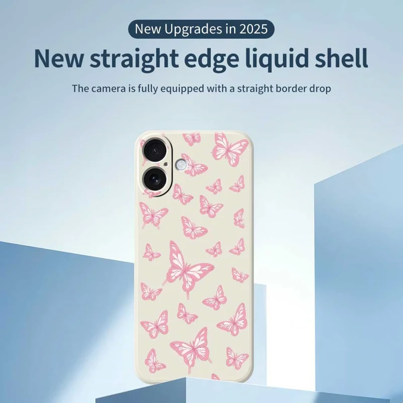 For iPhone 17 Case Pink Butterflies Pattern Printing Straight Edge TPU Phone Back Cover - Beige