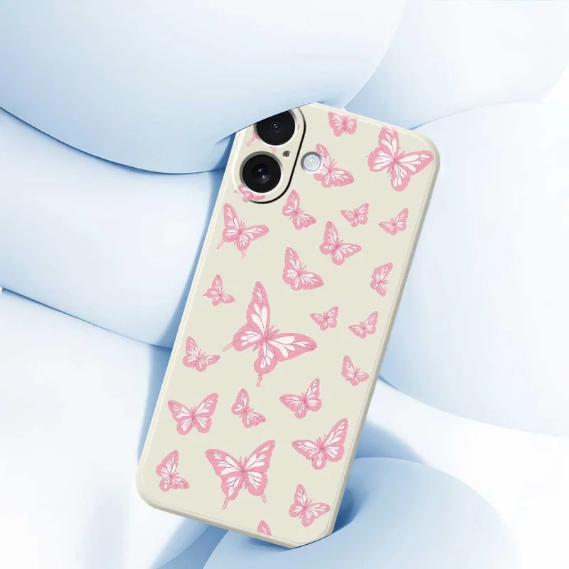 For iPhone 17 Case Pink Butterflies Pattern Printing Straight Edge TPU Phone Back Cover - Beige