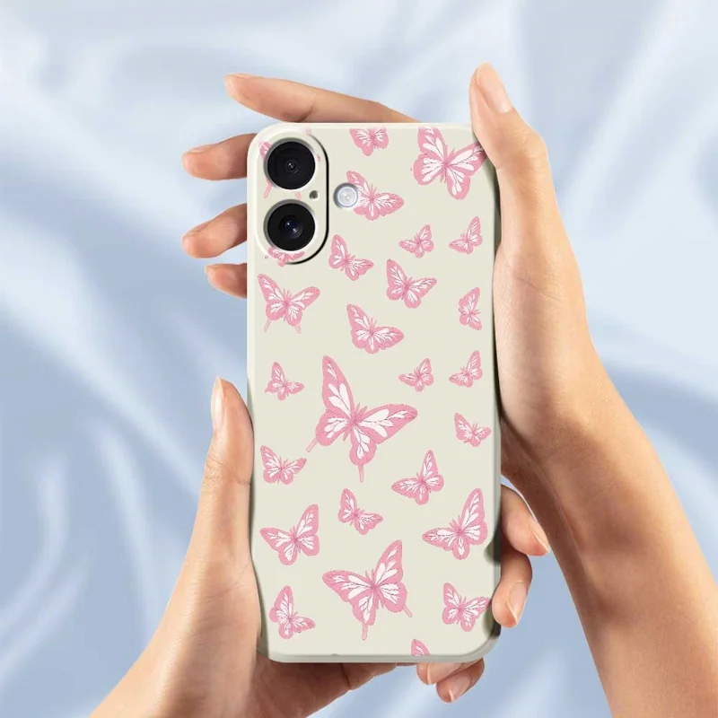 For iPhone 17 Case Pink Butterflies Pattern Printing Straight Edge TPU Phone Back Cover - Beige