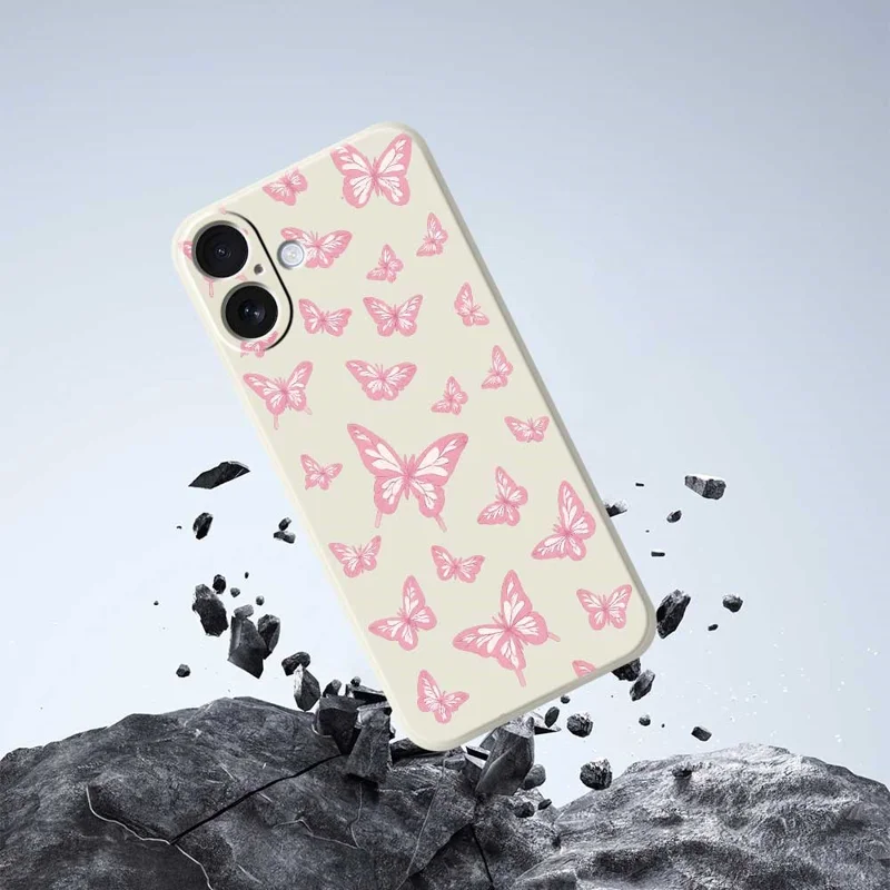 For iPhone 17 Case Pink Butterflies Pattern Printing Straight Edge TPU Phone Back Cover - Beige