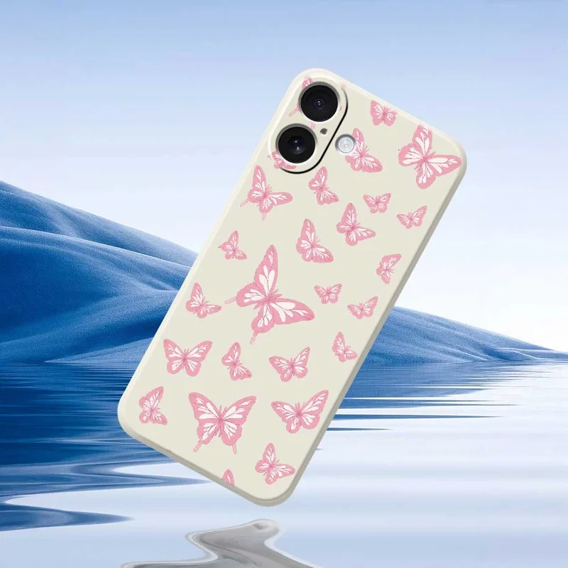 For iPhone 17 Case Pink Butterflies Pattern Printing Straight Edge TPU Phone Back Cover - Beige