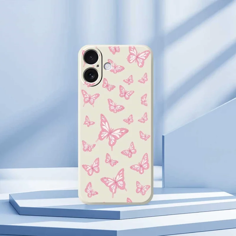 For iPhone 17 Case Pink Butterflies Pattern Printing Straight Edge TPU Phone Back Cover - Beige