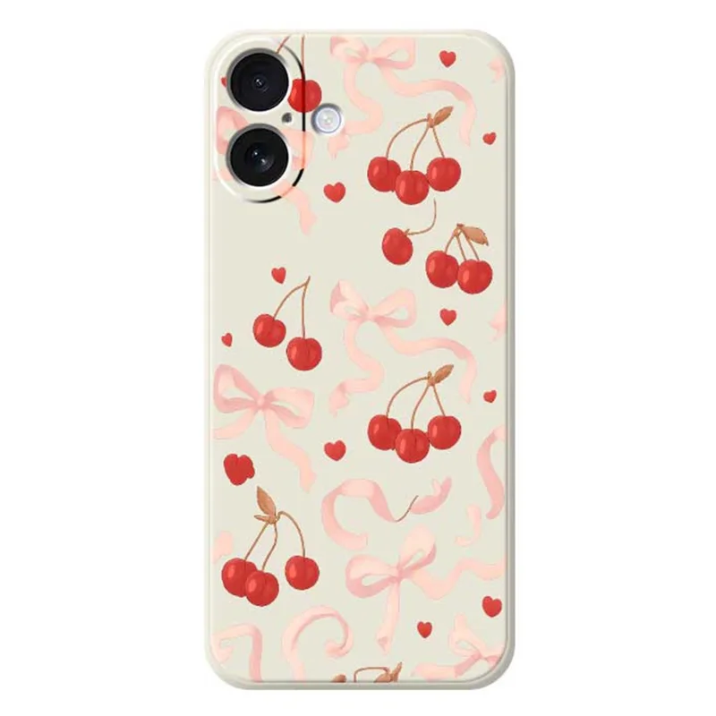 For iPhone 17 Case Big Bow Cherry Pattern Printing Straight Edge TPU Phone Back Cover - Beige
