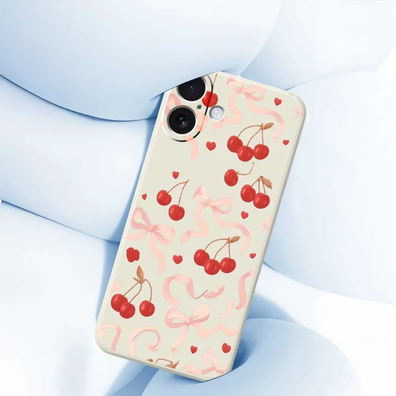 For iPhone 17 Case Big Bow Cherry Pattern Printing Straight Edge TPU Phone Back Cover - Beige