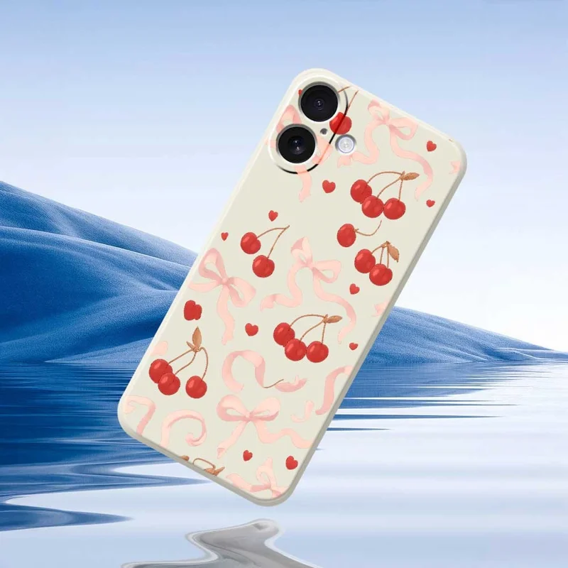 For iPhone 17 Case Big Bow Cherry Pattern Printing Straight Edge TPU Phone Back Cover - Beige