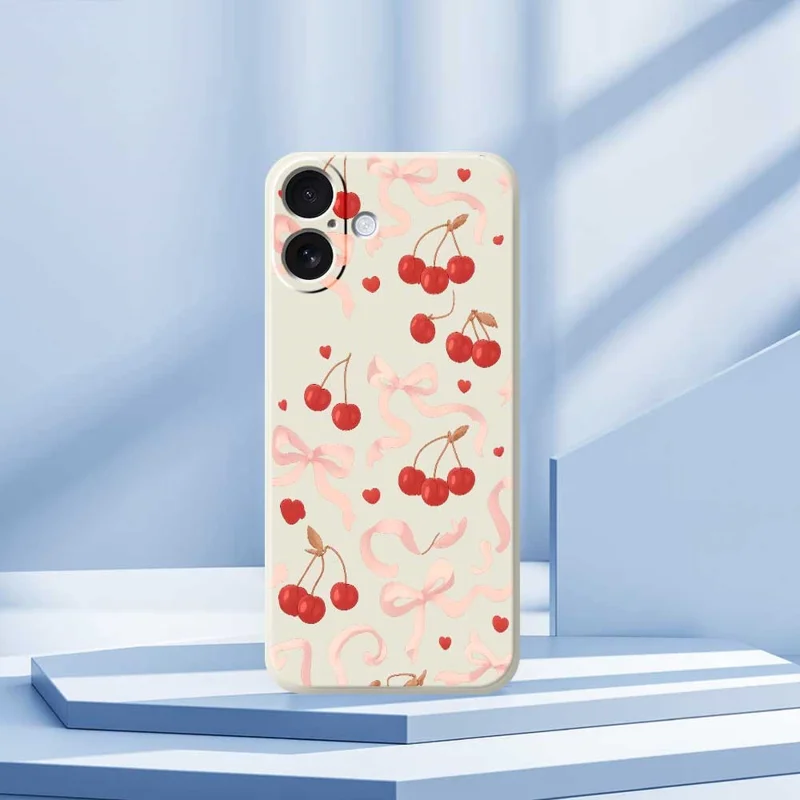For iPhone 17 Case Big Bow Cherry Pattern Printing Straight Edge TPU Phone Back Cover - Beige