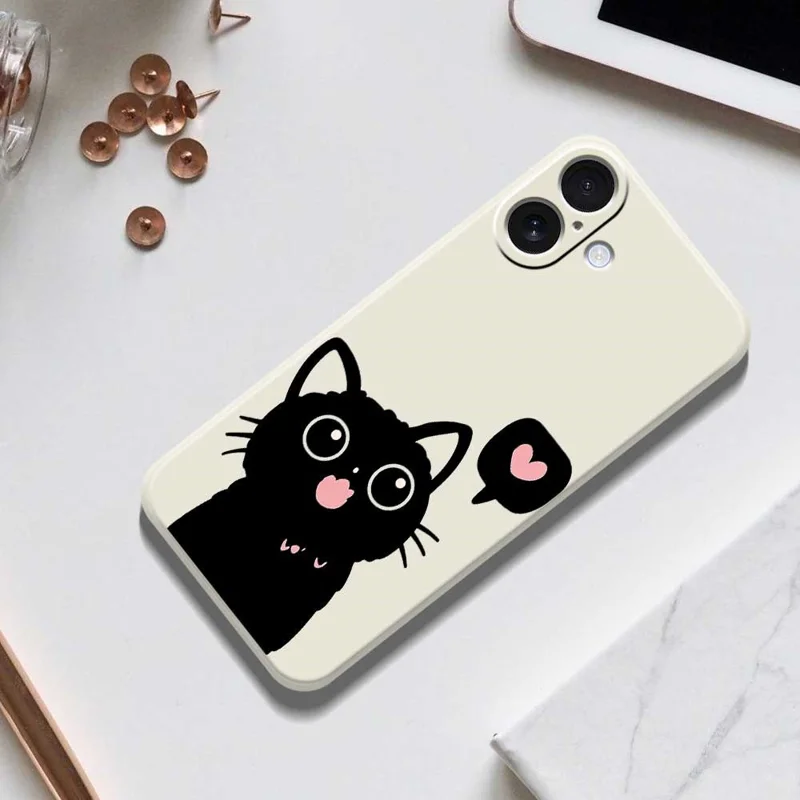 For iPhone 17 Case Love Black Cat Pattern Printing Straight Edge TPU Phone Back Cover - Beige