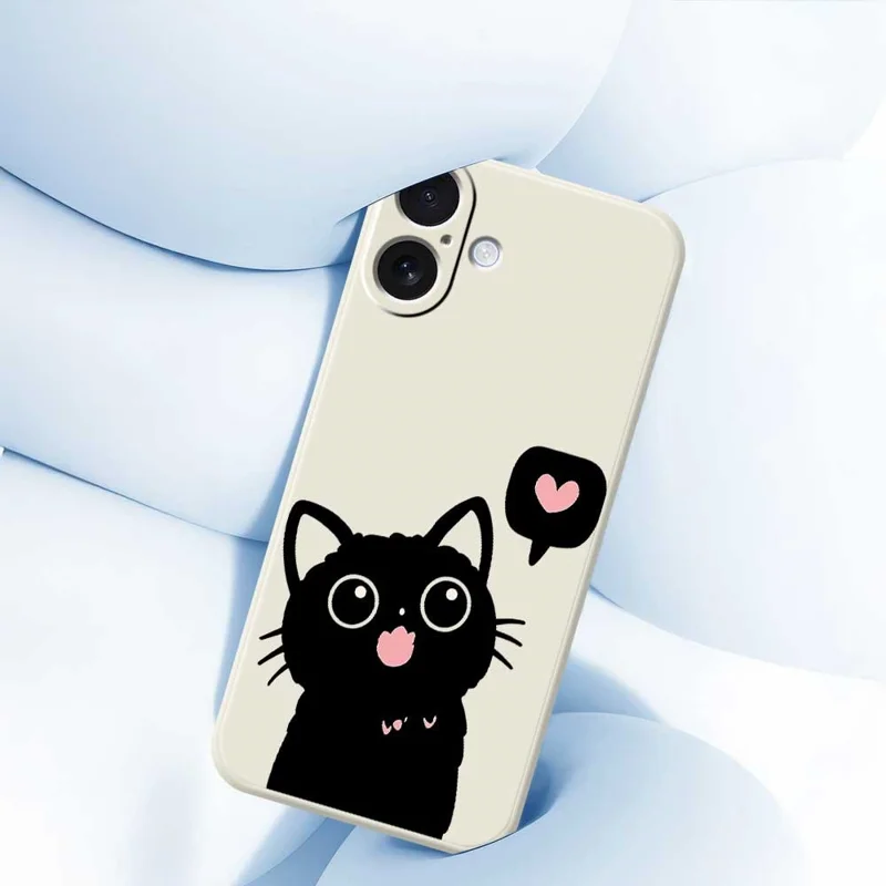 For iPhone 17 Case Love Black Cat Pattern Printing Straight Edge TPU Phone Back Cover - Beige