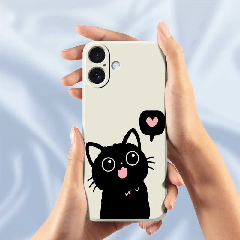 For iPhone 17 Case Love Black Cat Pattern Printing Straight Edge TPU Phone Back Cover - Beige