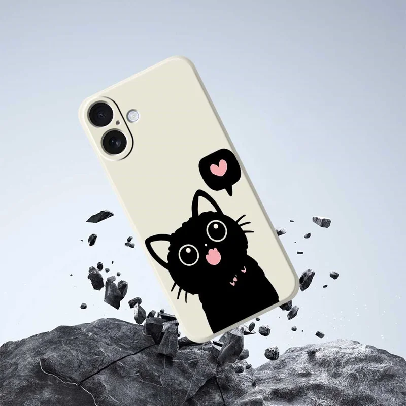 For iPhone 17 Case Love Black Cat Pattern Printing Straight Edge TPU Phone Back Cover - Beige