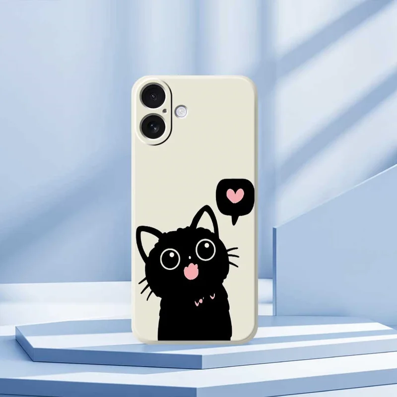 For iPhone 17 Case Love Black Cat Pattern Printing Straight Edge TPU Phone Back Cover - Beige