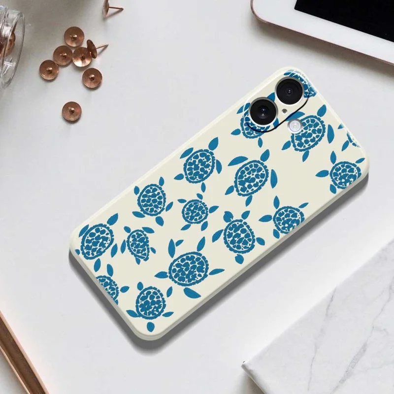For iPhone 17 Case Blue Turtle Pattern Printing Straight Edge TPU Phone Back Cover - Beige