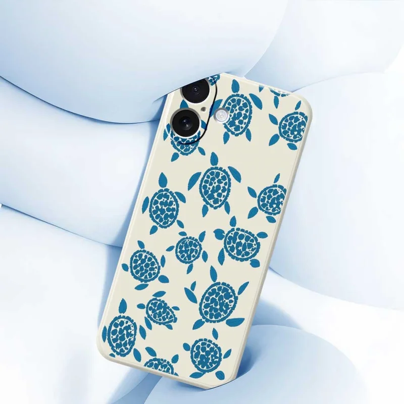 For iPhone 17 Case Blue Turtle Pattern Printing Straight Edge TPU Phone Back Cover - Beige