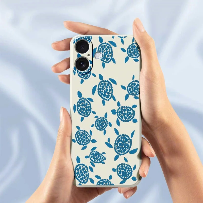 For iPhone 17 Case Blue Turtle Pattern Printing Straight Edge TPU Phone Back Cover - Beige
