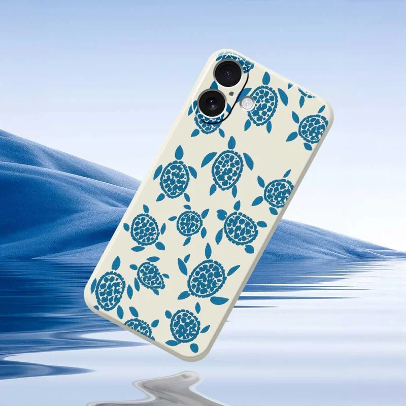 For iPhone 17 Case Blue Turtle Pattern Printing Straight Edge TPU Phone Back Cover - Beige