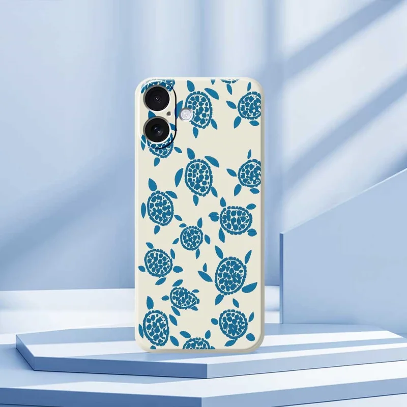 For iPhone 17 Case Blue Turtle Pattern Printing Straight Edge TPU Phone Back Cover - Beige