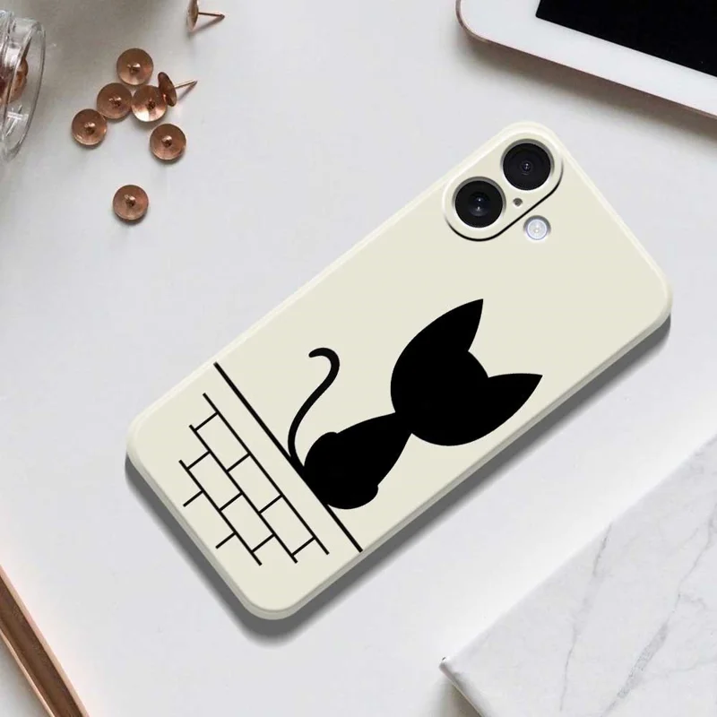 For iPhone 17 Case Black Cat on the Wall Pattern Printing Straight Edge TPU Phone Back Cover - Beige