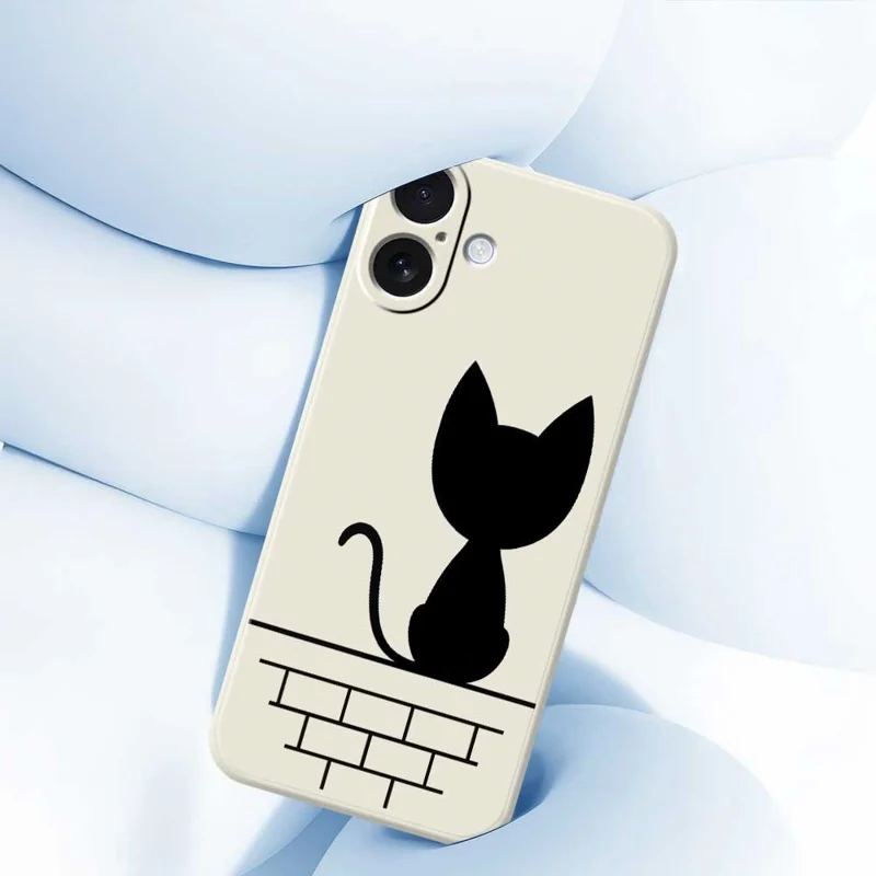 For iPhone 17 Case Black Cat on the Wall Pattern Printing Straight Edge TPU Phone Back Cover - Beige