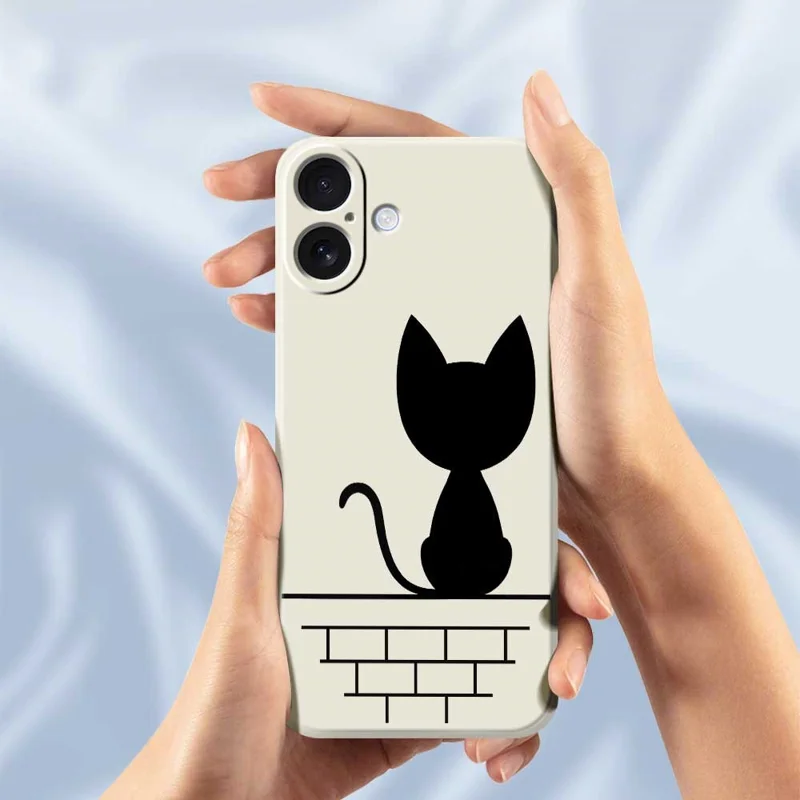 For iPhone 17 Case Black Cat on the Wall Pattern Printing Straight Edge TPU Phone Back Cover - Beige