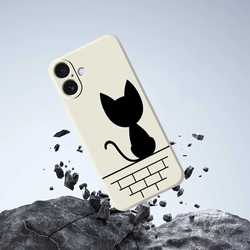 For iPhone 17 Case Black Cat on the Wall Pattern Printing Straight Edge TPU Phone Back Cover - Beige