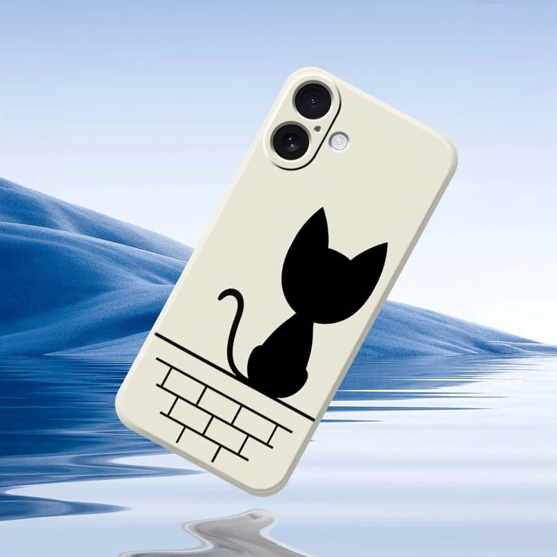 For iPhone 17 Case Black Cat on the Wall Pattern Printing Straight Edge TPU Phone Back Cover - Beige