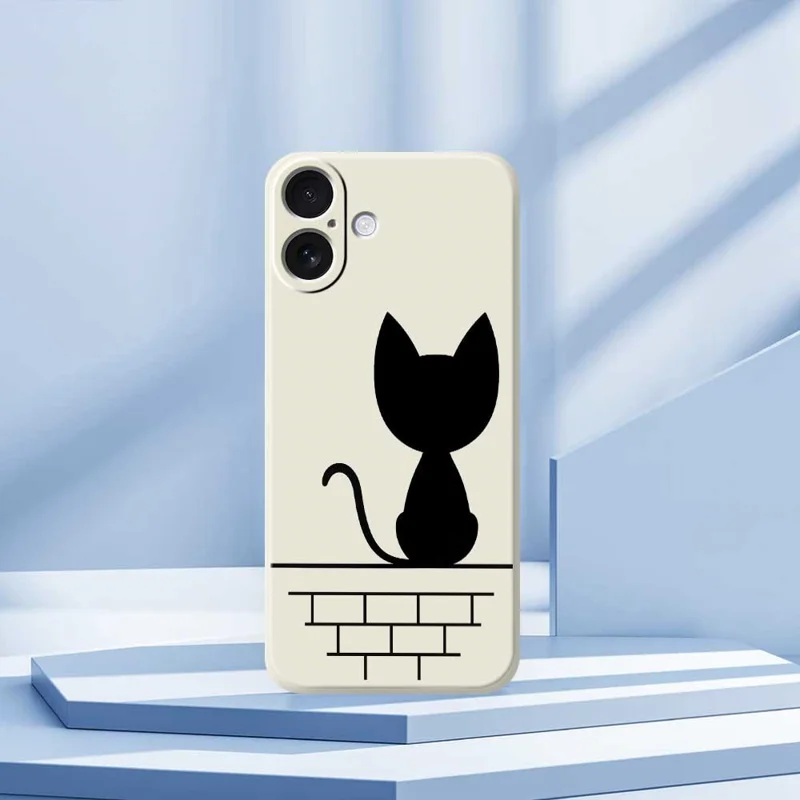 For iPhone 17 Case Black Cat on the Wall Pattern Printing Straight Edge TPU Phone Back Cover - Beige