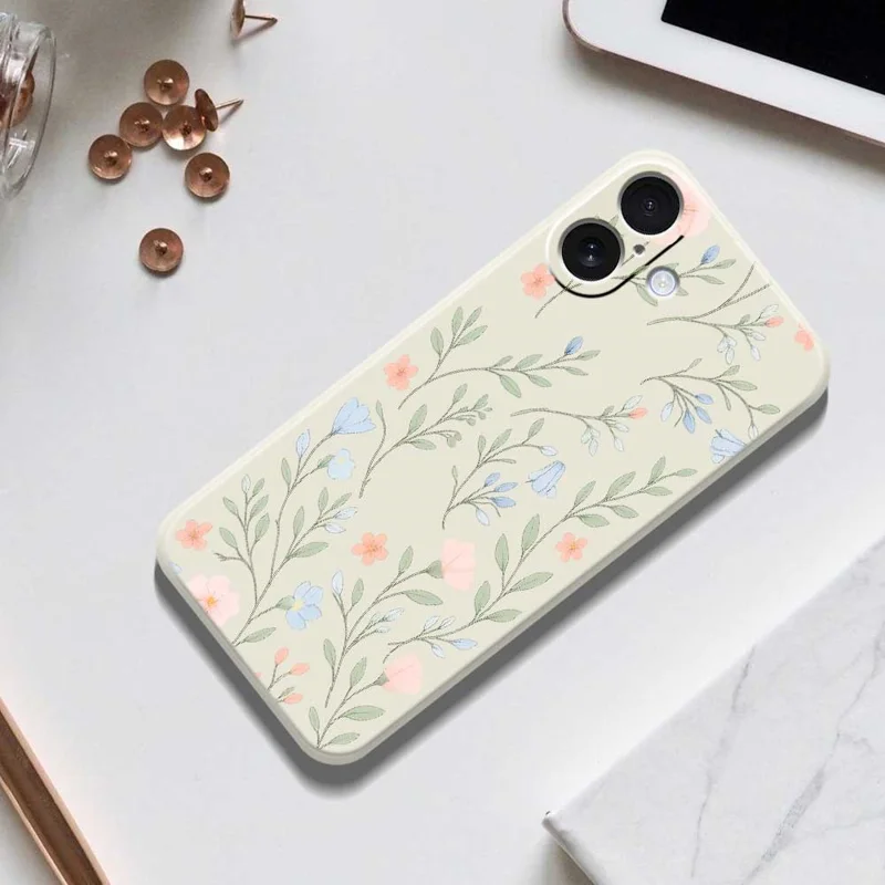 For iPhone 17 Case Pink Blue Flowers Pattern Printing Straight Edge TPU Phone Back Cover - Beige