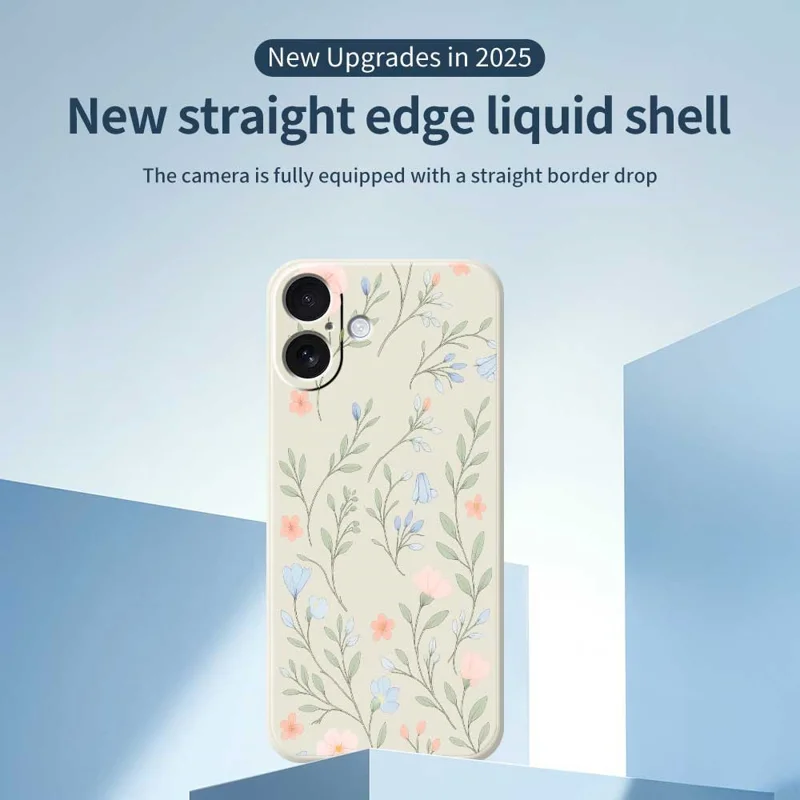 For iPhone 17 Case Pink Blue Flowers Pattern Printing Straight Edge TPU Phone Back Cover - Beige