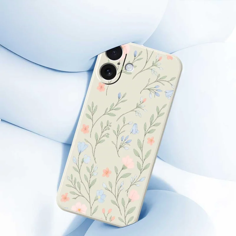 For iPhone 17 Case Pink Blue Flowers Pattern Printing Straight Edge TPU Phone Back Cover - Beige