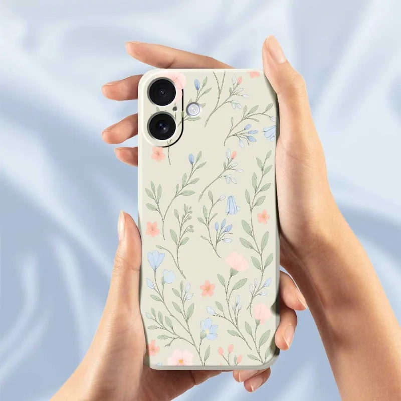 For iPhone 17 Case Pink Blue Flowers Pattern Printing Straight Edge TPU Phone Back Cover - Beige