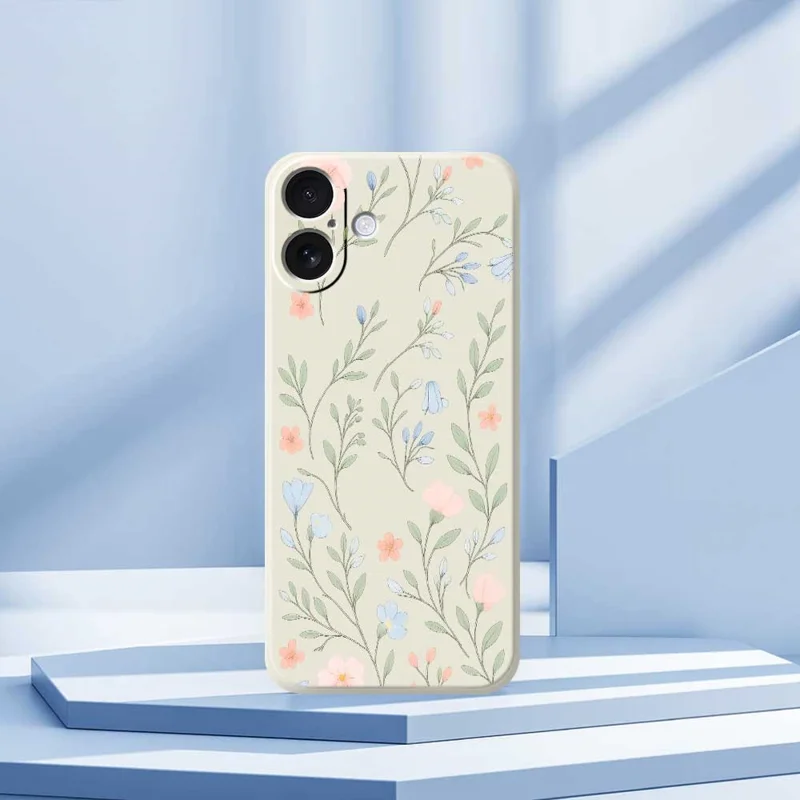 For iPhone 17 Case Pink Blue Flowers Pattern Printing Straight Edge TPU Phone Back Cover - Beige