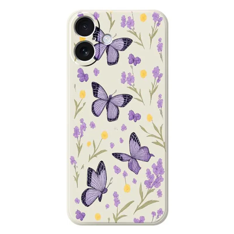 Handyhülle für iPhone 17 in Beige mit lila Schmetterlingen - Durchsichtiges TPU Rückcover mit Schmetterlingsmuster