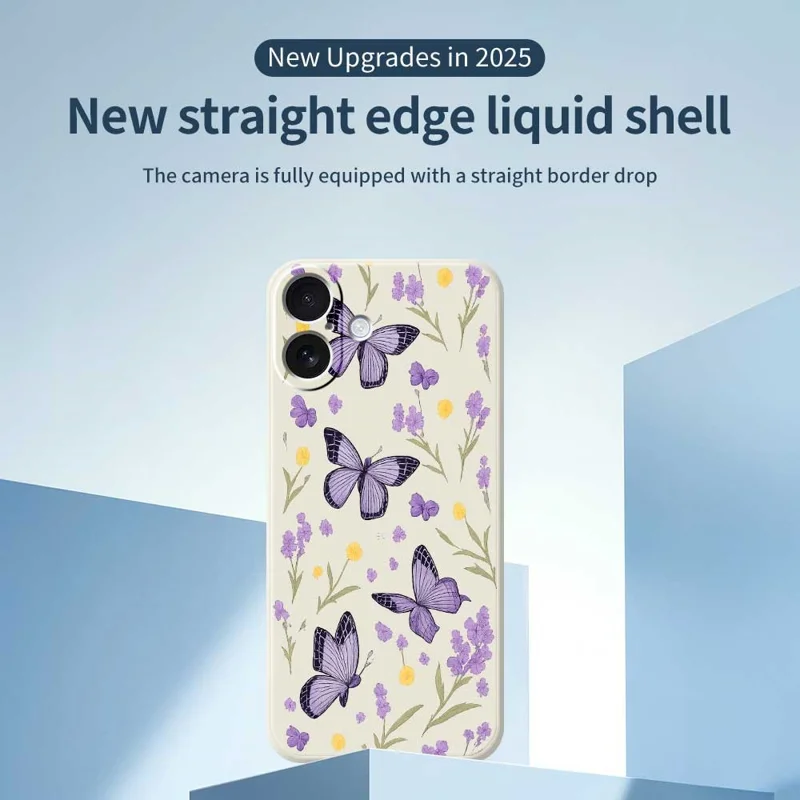 Handyhülle für iPhone 17 in Beige mit lila Schmetterlingen - Durchsichtiges TPU Rückcover mit Schmetterlingsmuster