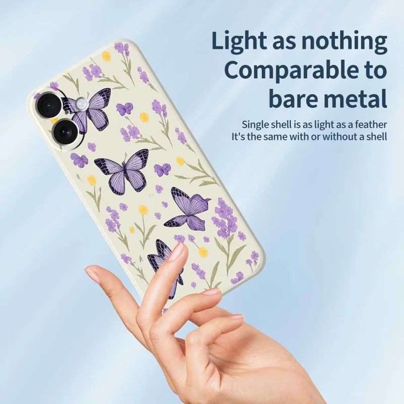 Handyhülle für iPhone 17 in Beige mit lila Schmetterlingen - Durchsichtiges TPU Rückcover mit Schmetterlingsmuster