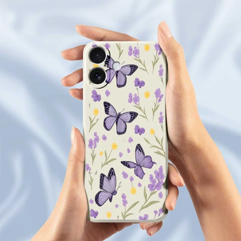 Handyhülle für iPhone 17 in Beige mit lila Schmetterlingen - Durchsichtiges TPU Rückcover mit Schmetterlingsmuster