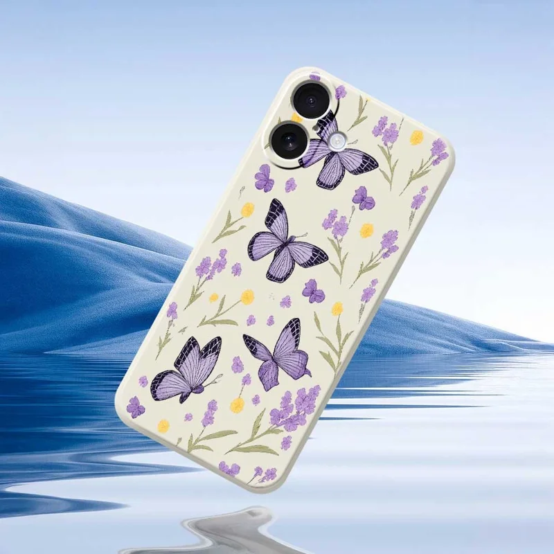 Handyhülle für iPhone 17 in Beige mit lila Schmetterlingen - Durchsichtiges TPU Rückcover mit Schmetterlingsmuster