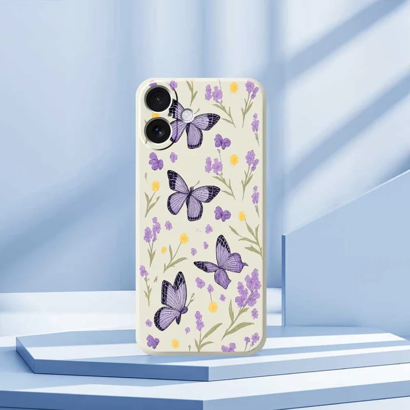 Handyhülle für iPhone 17 in Beige mit lila Schmetterlingen - Durchsichtiges TPU Rückcover mit Schmetterlingsmuster