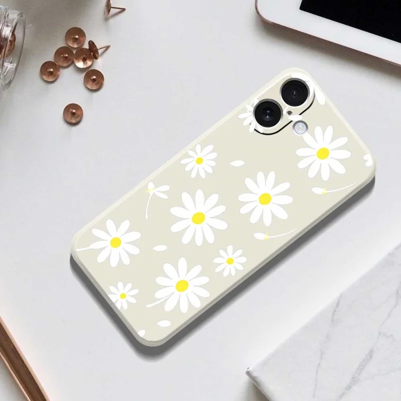 For iPhone 17 Case White Daisy Pattern Printing Straight Edge TPU Phone Back Cover - Beige