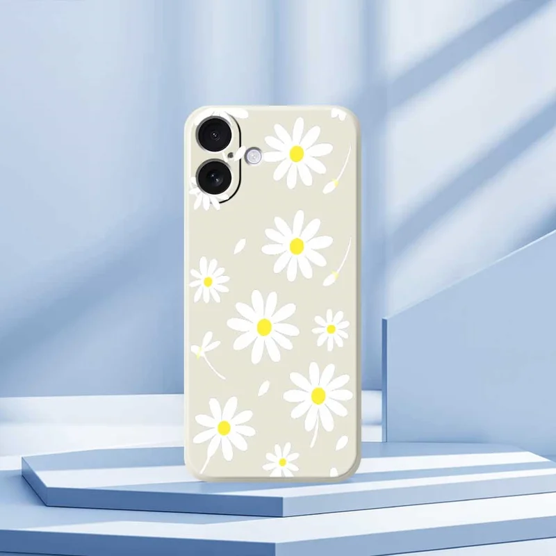 For iPhone 17 Case White Daisy Pattern Printing Straight Edge TPU Phone Back Cover - Beige