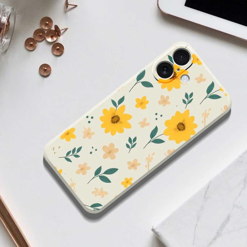 For iPhone 17 Case Yellow Floral and Leaves Pattern Printing Straight Edge TPU Phone Back Cover - Beige