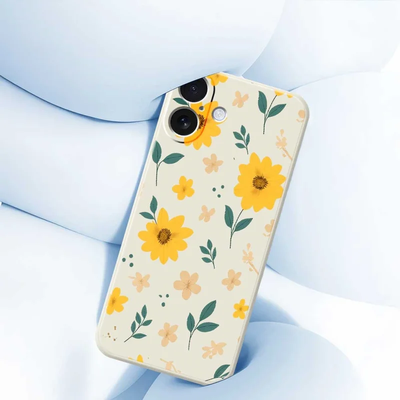 For iPhone 17 Case Yellow Floral and Leaves Pattern Printing Straight Edge TPU Phone Back Cover - Beige