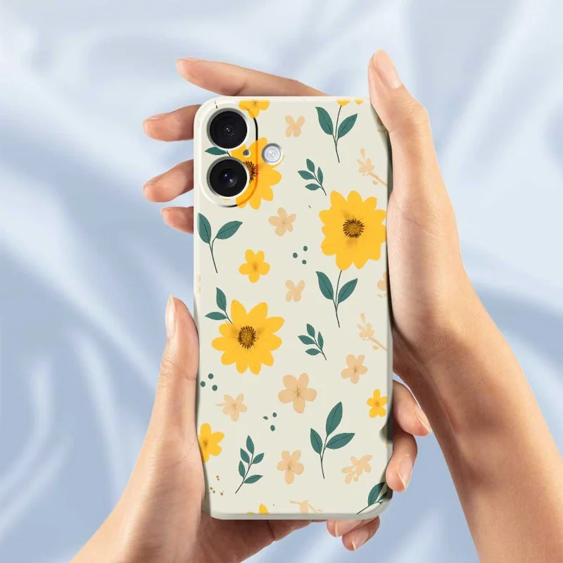 For iPhone 17 Case Yellow Floral and Leaves Pattern Printing Straight Edge TPU Phone Back Cover - Beige