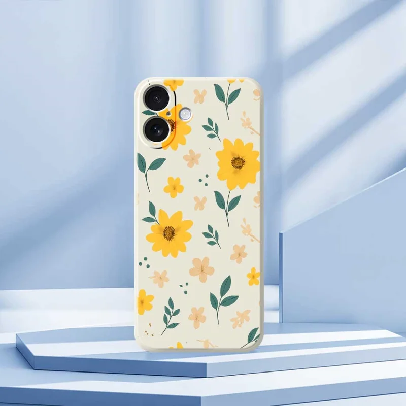 For iPhone 17 Case Yellow Floral and Leaves Pattern Printing Straight Edge TPU Phone Back Cover - Beige