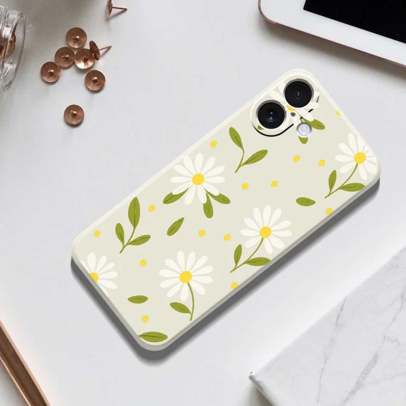 For iPhone 17 Case White Flowers Green Leaves Pattern Printing Straight Edge TPU Phone Back Cover - Beige