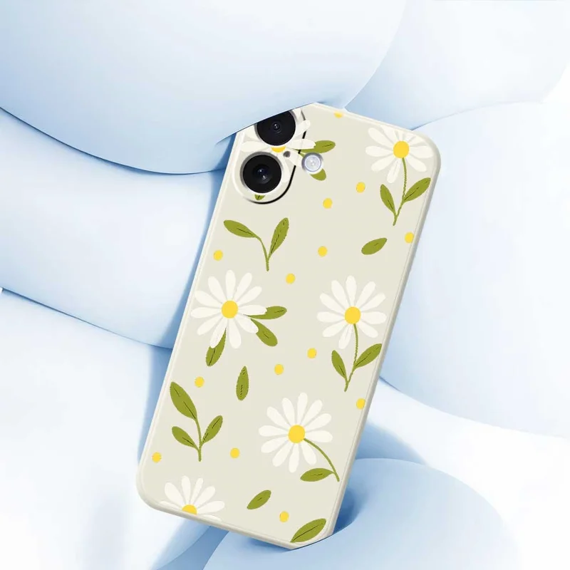 For iPhone 17 Case White Flowers Green Leaves Pattern Printing Straight Edge TPU Phone Back Cover - Beige